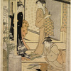 The shoji of a house pushed aside giving a view of the interior, showing a woman arranging narcissus in a flower basket and two other woman standing beside her conversing