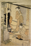 The shoji of a house pushed aside giving a view of the interior, showing a woman arranging narcissus in a flower basket and two other woman standing beside her conversing