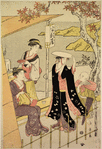 Women and a young boy halting for refreshment at a bench tea-house (kakejaya) under a maple tree on the bank of a river