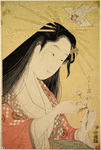 A modern Komachi.  Large head and bust of an oiran examining a flower she holds in her hands