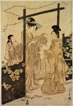 A nobleman and a lady at a garden gate, the lady offering him vine leaves and flowers upon a fan