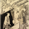 Group of pedestrians outside the entrance gate to a house, at night
