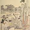 A man and two women on the balcony of a tea-house on the bank of the river Sumida