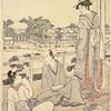 A man and two women on the balcony of a tea-house on the bank of the river Sumida