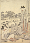 A man and two women on the balcony of a tea-house on the bank of the river Sumida