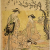 Woman at a picnic, beneath a peach tree, sailing sake cups on a small stream