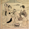 Geishas playing upon a drum and a samisen and others dancing the pony dance on board a pleasure boat on the Sumida River