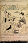Geishas playing upon a drum and a samisen and others dancing the pony dance on board a pleasure boat on the Sumida River