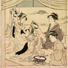 Geishas playing upon a drum and a samisen and others dancing the pony dance on board a pleasure boat on the Sumida River