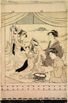 Geishas playing upon a drum and a samisen and others dancing the pony dance on board a pleasure boat on the Sumida River