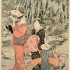 Two women and a boy on the sea shore opposite Enoshima