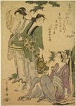 A geisha at night in a snowstorm accompanied by a servant bearing a samisen box and a lantern