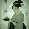 Head and bust of the noted tea house waitress Orikata of Naniwaya, carrying a bowl of tea upon a black lacquer stand