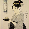 Head and bust of the noted tea house waitress Orikata of Naniwaya, carrying a bowl of tea upon a black lacquer stand
