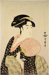 Half length figure of a woman holding a round fan (uchiwa)
