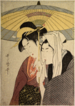Half length figures of two lovers walking together under an umbrella in a shower