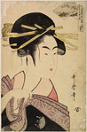 Chidori no Tamagawa.  Large head and bust of an oiran.  In the fan shaped cartouche is a view of the river Tama with a flock of Chidori flying over it.  The background of the print is an embossed design of these birds and lines representing the river