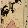 A woman showing a man her painting on a screen of a bird on a flowering branch