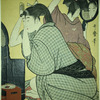 Two women at toilet, engaged in dressing their hair