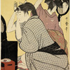 Two women at toilet, engaged in dressing their hair