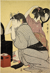 Two women at toilet, engaged in dressing their hair