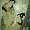 A woman holding a dog in her arms and looking at a kakemono of a dragon which a young man is hanging up