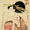 Large head and bust of an oiran holding a pipe