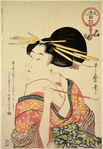 Large head and bust of an oiran holding a pipe