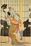 A tea-house waitress standing in front of the shoji upon which appear shadows of two women within the house, one of whom is reaching out and grasping the waitress' skirt