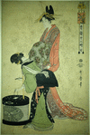 An oiran crossing the street accompanied by a maid bearing a lantern