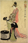 An oiran crossing the street accompanied by a maid bearing a lantern