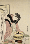 A disconsolate woman seated by a hibachi