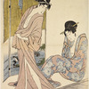 A woman coming from the bath turning to look at a kitten that has caught hold of the skirt of her robe.  Beside them another woman, seated, is wiping her face with her robe