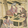 Women cutting mulberry leaves and feeding the young silk-worms