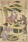 Women cutting mulberry leaves and feeding the young silk-worms