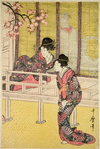 A princess alighting from a court wagon (goshoguruma) drawn up under a flowering cherry tree, and preparing to visit a noble lady (this sheet) seated behind a reed curtain with two of her ladies-in-waiting ready to conduct the illustrious visitor to her