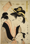 A young man putting his arm about an oiran who is talking to a small boy