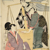 A woman fulling cloth by beating; another woman seated, smoking; and back of them a man carrying clothes baskets suspended from a pole carried across his shoulders