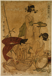 Daikoku carving a large bream (Tai).  Beside him a tea house servant is wiping a large pan and another maid is bearing away a bowl of rice upon a tray