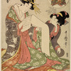 Oiran Hitomoto of Daimonjiya reading a letter, her kamuri looking on