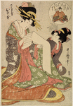Oiran Hitomoto of Daimonjiya reading a letter, her kamuri looking on