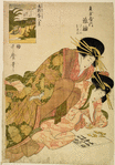 Tagasode of the Kado-Tamaya and another woman working out a Chinese puzzle with different shaped pieces of wood