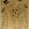 Oiran Mototsue of Daimonjiya accompanied by her kamuro Tachiro and Shirubei and two shinzo