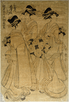 Oiran Mototsue of Daimonjiya accompanied by her kamuro Tachiro and Shirubei and two shinzo