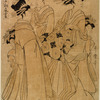 Oiran Mototsue of Daimonjiya accompanied by her kamuro Tachiro and Shirubei and two shinzo