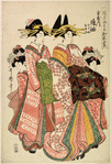 Oiran Tarasode of Tamaya on parade accompanied by a shinzo and her kamuro Kikuno and Umeno