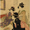 Group of three women seated about a small stand piled with sweetmeats