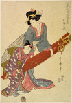 A woman carrying a large koto which her daughter is presumably about to play