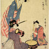 A girl beating a drum, accompanied by a woman playing a tsuzumi, while another woman holding a flute listens to them