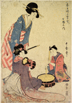 A girl beating a drum, accompanied by a woman playing a tsuzumi, while another woman holding a flute listens to them